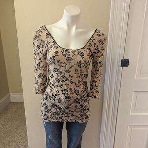 Intimatley Free People tan and black floral slightly sheer lace top size S